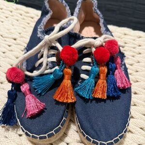 kate spade Navy Canvas Platform Espadrilles with Multicolor Tassels